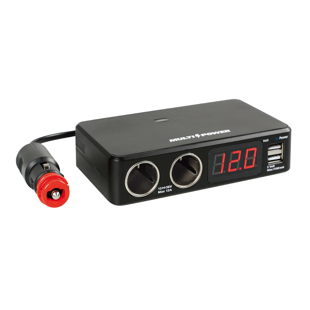 Dual Car Cigarette Lighter Splitter with 2 USB Ports & Voltmeter