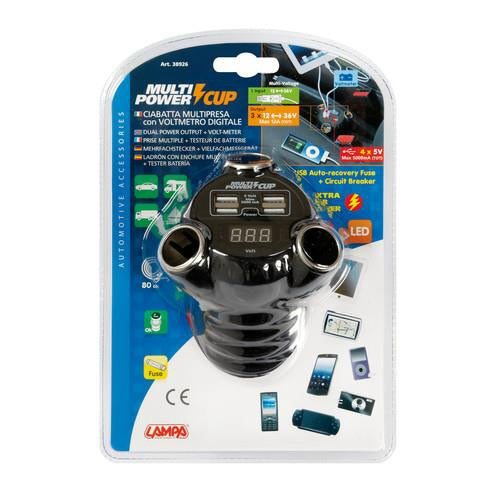 3-Socket Car Cigarette Lighter Splitter with Voltmeter & 4 USB Ports – Cup Holder Mount