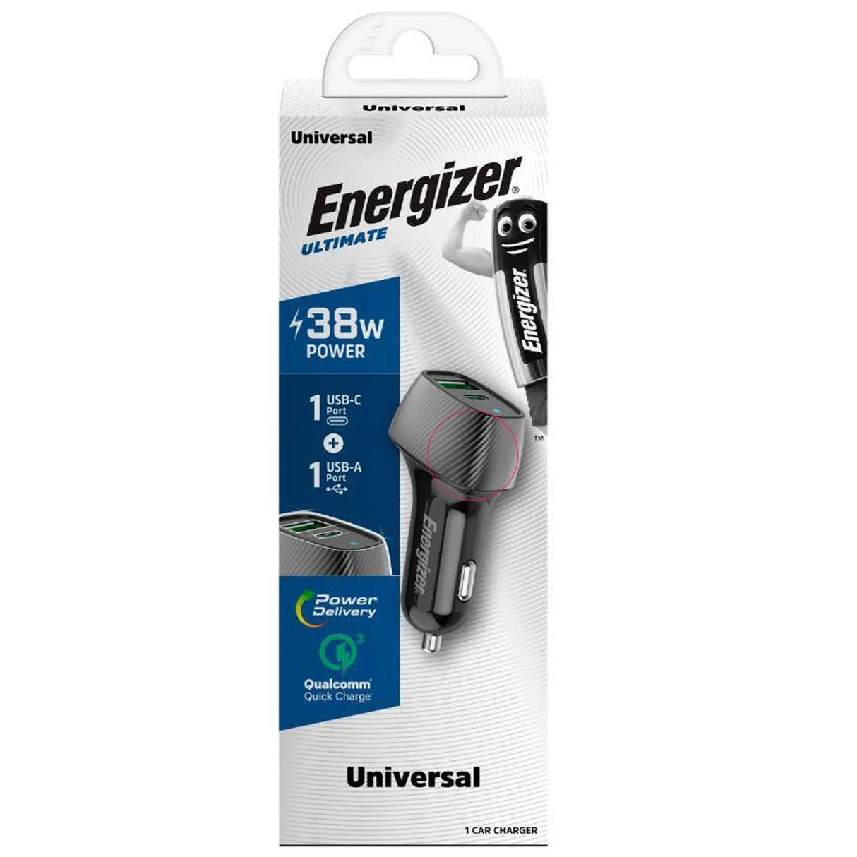 Energizer D38BK 38W Car Charger USB-A & Type-C QC – Carbon Fiber Design