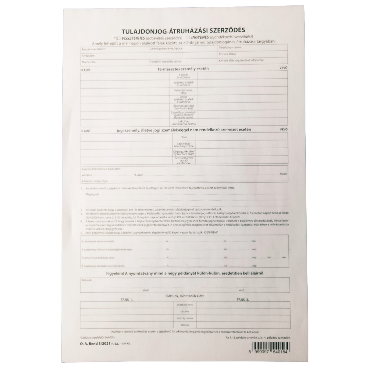 Vehicle Sale and Purchase Agreement Form – 4 Copies