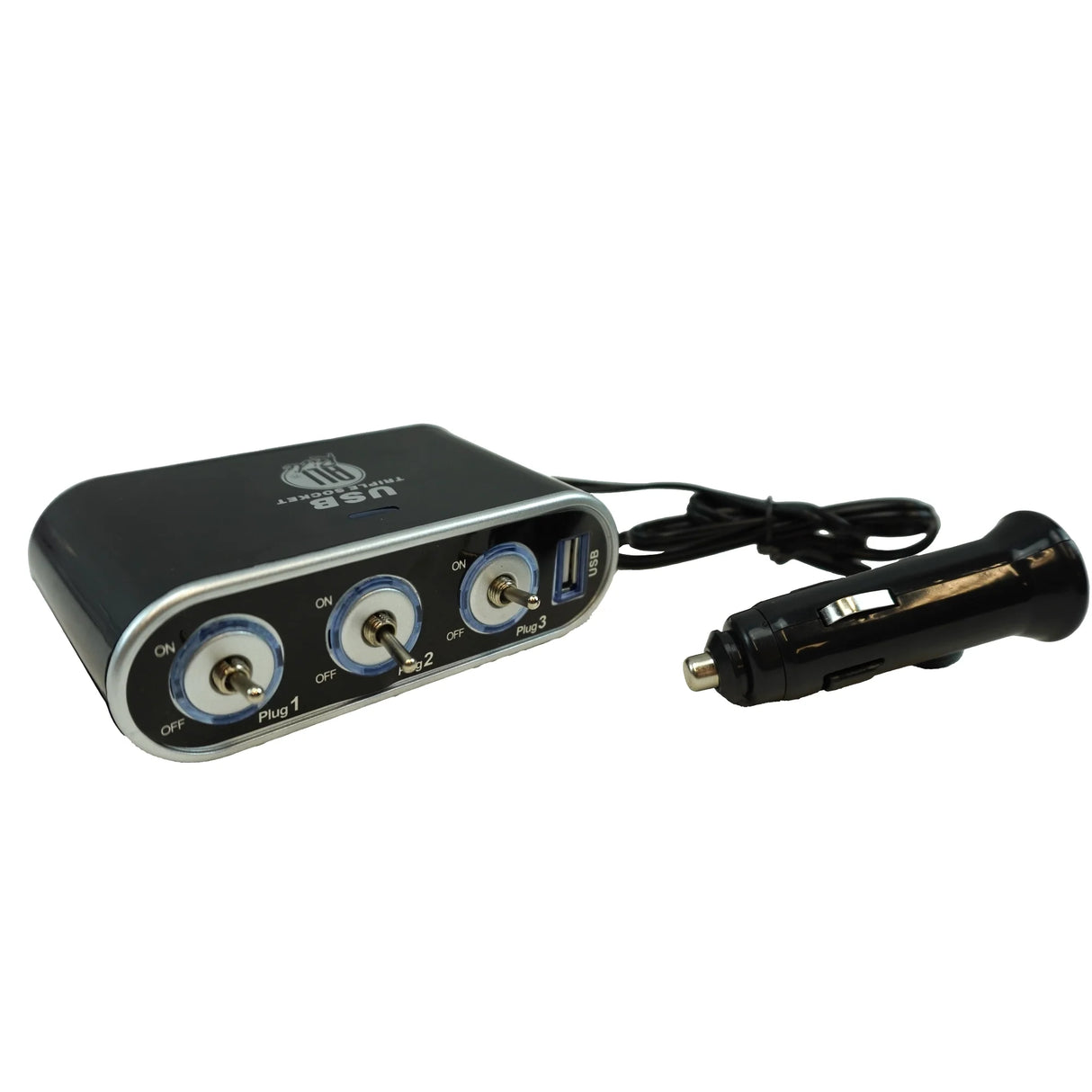 3-Way Car Cigarette Lighter Splitter with Switches and USB Port
